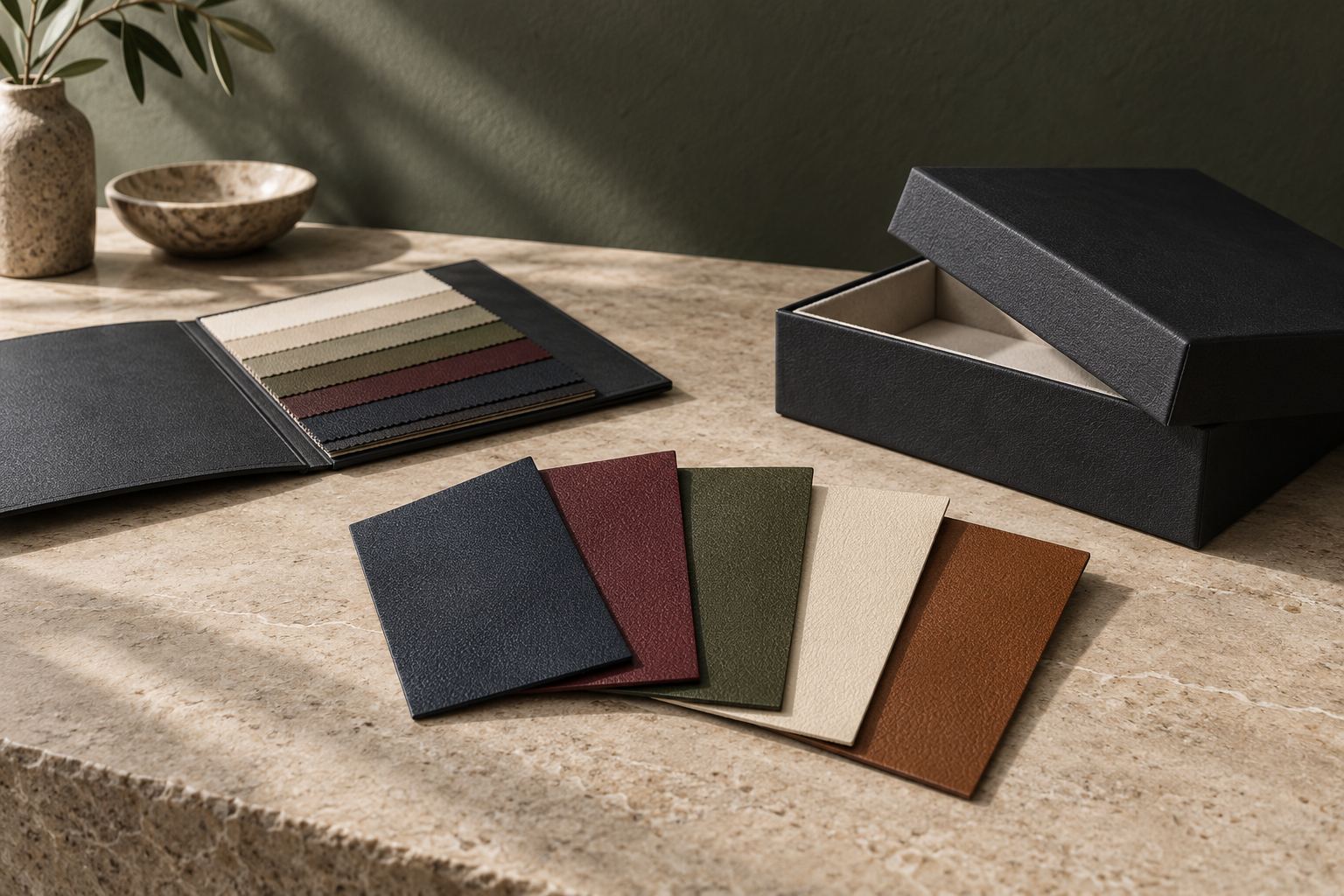 Ripido colour swatches and leather-covered box