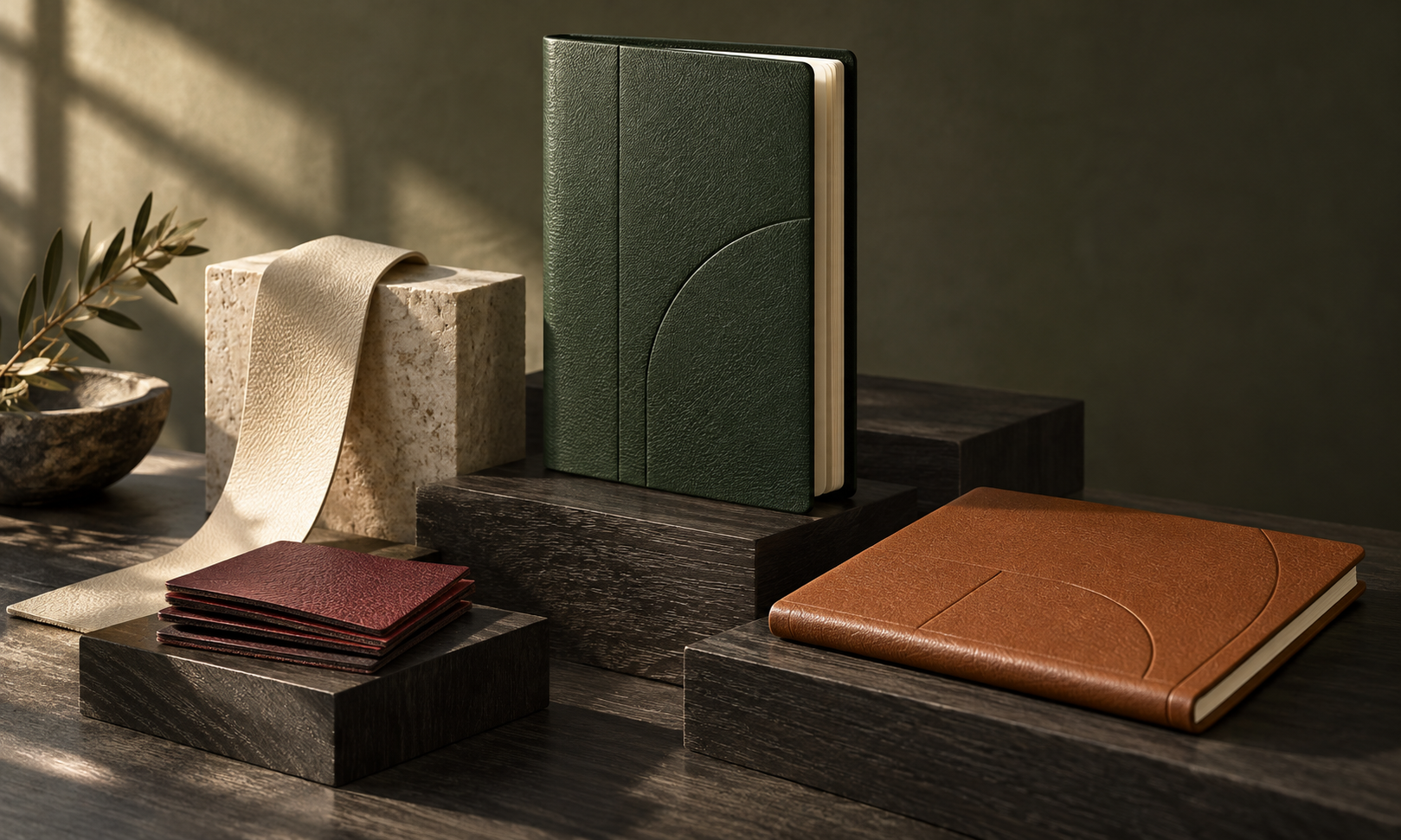 Ripido leather-covered journals and material samples